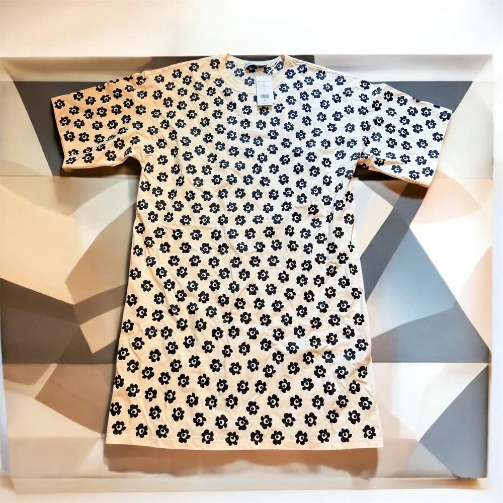 Tory‎ Burch Flower Stencil T-Shirt Dress French Cream Black Floral Size M
